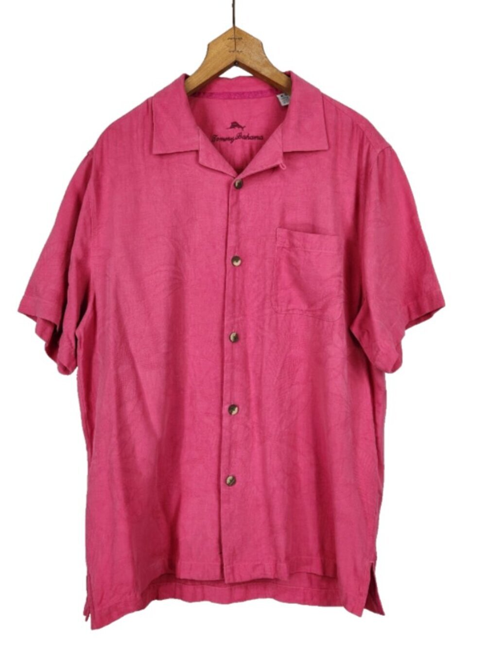 Tommy Bahama Pink Linen Camp Shirt Mens M Short Sleeve Button Front Palms
